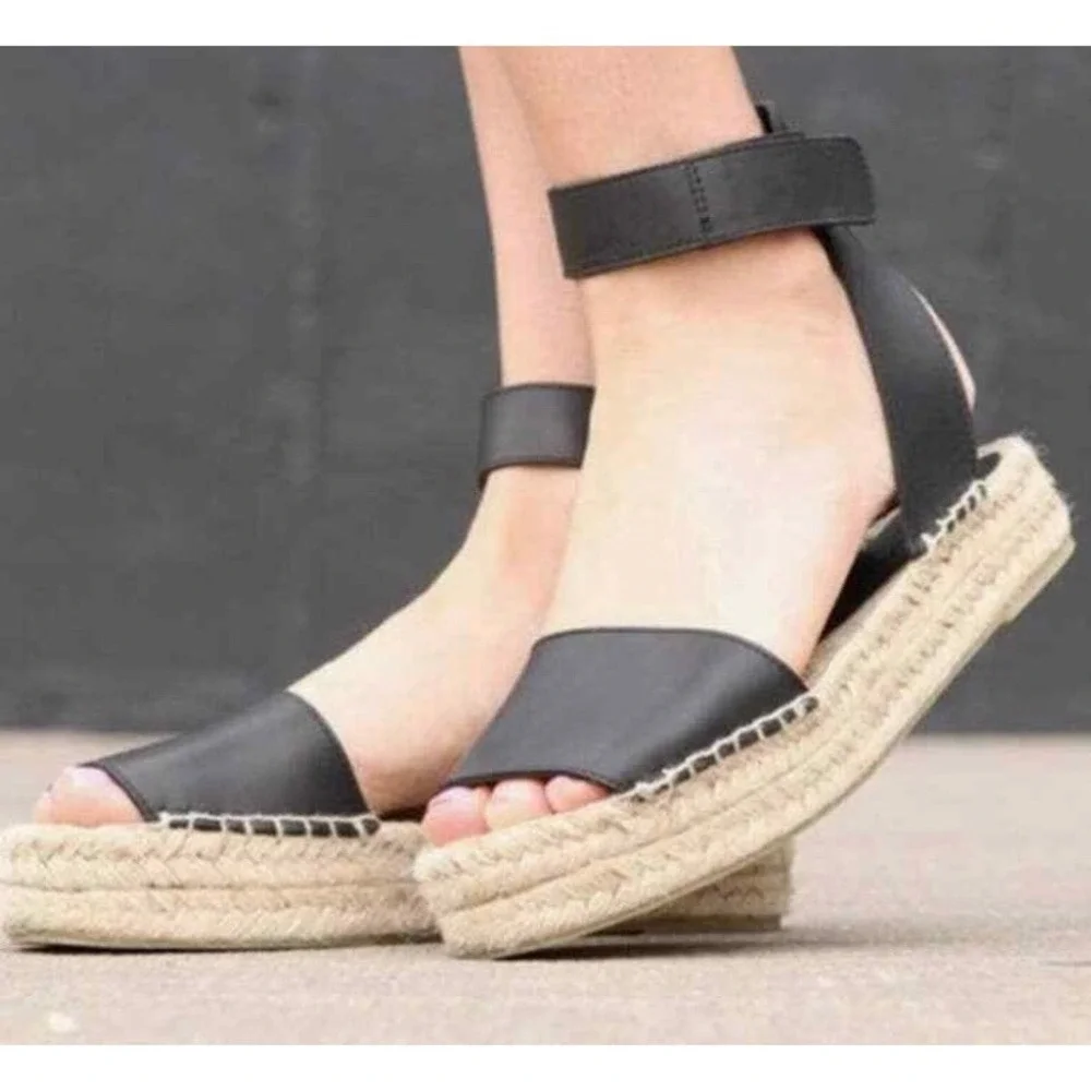 Vince Black Leather Ankle Strap Platform Espadrille Sandals Made in Spain 7M‎